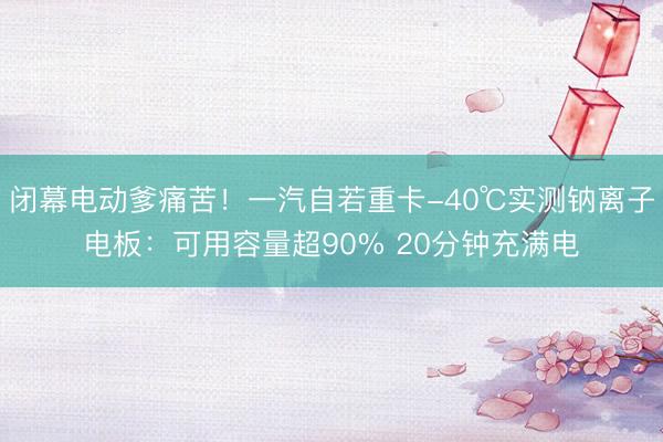 闭幕电动爹痛苦！一汽自若重卡-40℃实测钠离子电板：可用容量超90% 20分钟充满电